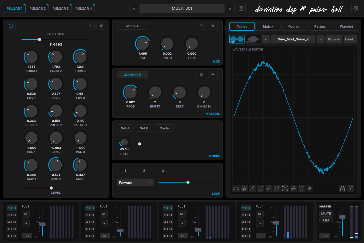 The Pulsar Hell window: four train tabs, the core synthesis column, the modulation, masking, morph and loop panels, the Tables editor, and the mixer.